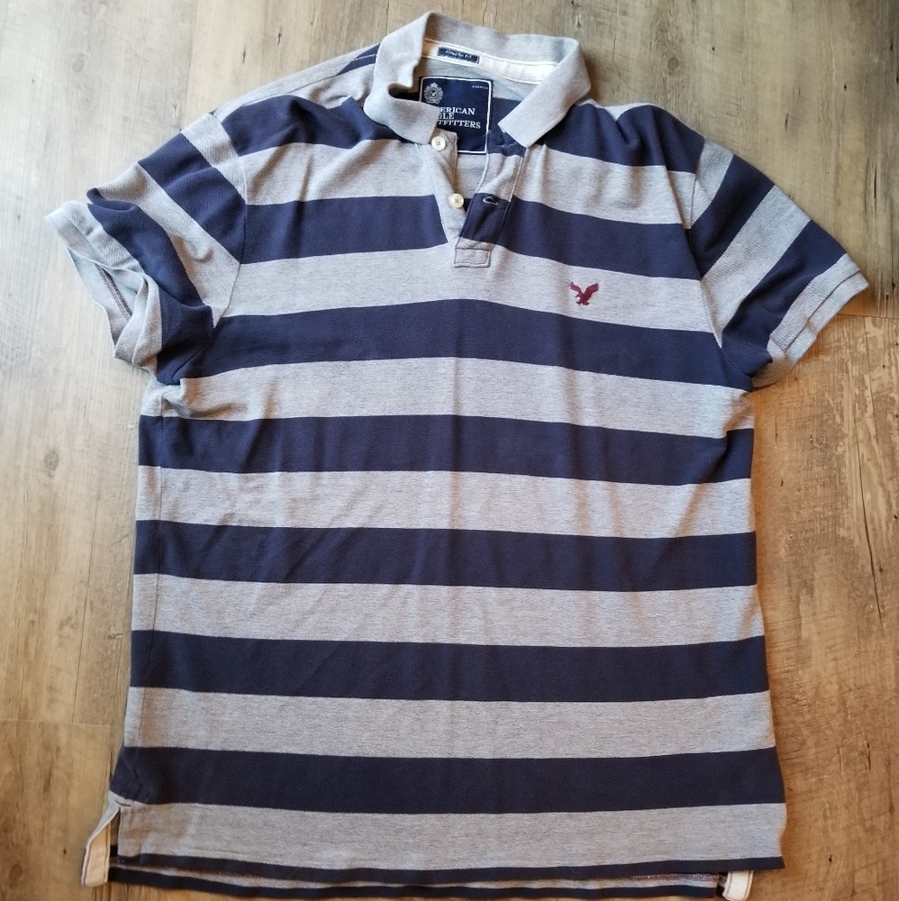 Men's American Eagle Blue Gray Horizontal Striped Short Sleeve Polo Tee Shirt XL